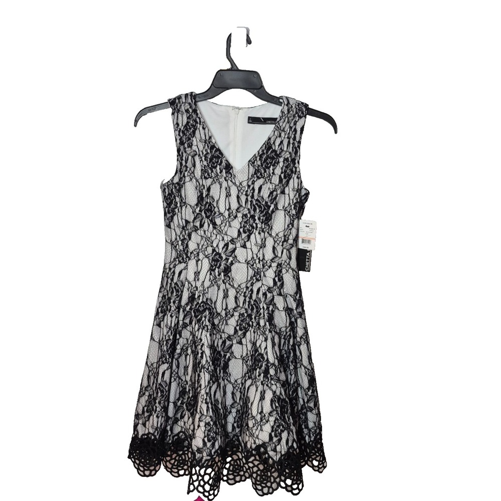 Chetta B Dress Womens 2 Black/Ivory‎ Lace Lined Flare Cocktail Party NEW